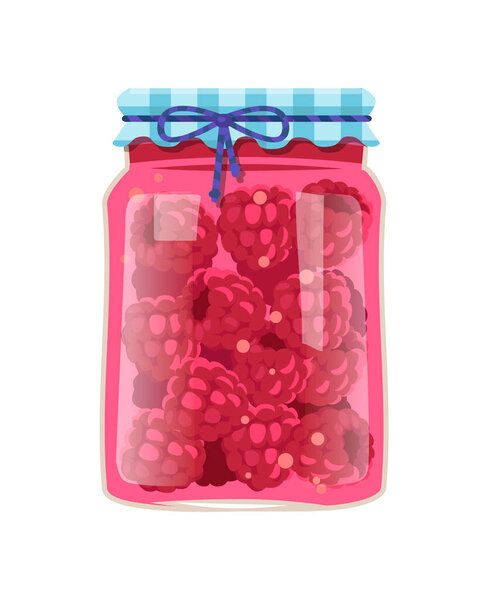 Traditional granny raspberry marmalade in rustic decorated glass jar. Sweet berry confiture or jam homemade conservation vector illustration isolated.