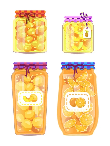 Fruta Conservada Frascos Vidrio Set Vector Ilustración Melocotón Naranja Mermelada — Vector de stock