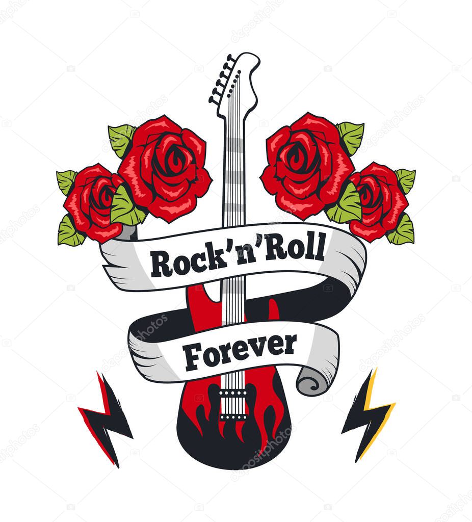 Rock-n-roll forever electric guitar with ribbons. Music instrument with fretted fingerboard and blooming roses. Loud music emblem vector illustration