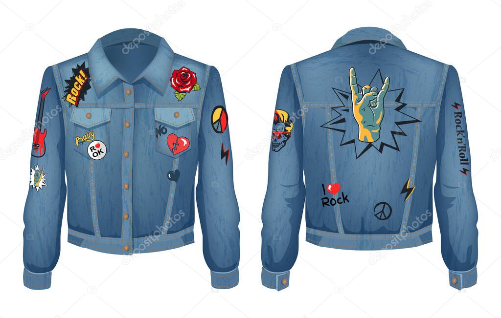 Rock music outfit jeans jacket with patches. Horns fingers showing rock gesture, roses in bloom, peace sign and bolts patches vector illustration