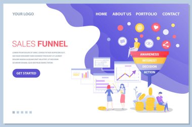 Satış hunisi aşamaları, potansiyel müşteri konsepti. Satış hunisi yönetimiyle çalışan insanlar. Web sitesi ya da web sayfası şablonu, iniş sayfası düz stili. Meslektaşlar çevrimiçi müşteri davranışlarını analiz ederler