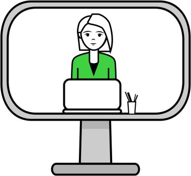 Çevrimiçi eğitim konsepti vektör mesafesi e-öğrenme konferansı sohbeti. İletişim, toplantı, çevrimiçi sınıf, diyalog, online forumda sohbet, kadın öğretmen semineri yönetiyor