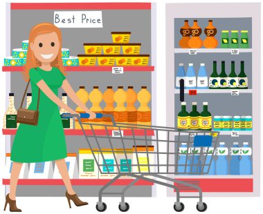 Süpermarket, raflarında yiyecek olan bakkal. Satış, gıda mağazasında indirim. Alışveriş merkezinde market alışverişi yapıyor. İnsanlar satın alır, ürün seçer, süpermarket vektör illüstrasyonundan ürünler alırlar.