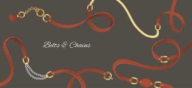 Kemer elementleri, zincir ve örgü, kolye, altın ve gümüş halkalar ve kumaş tasarım duvar kağıtları, baskılar, tekstil ve desenler için bağlayıcılar. Metalik ve deri aksesuarlı izole vektör.