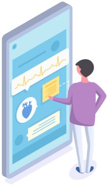 Doktor ve teşhisi için mobil uygulama. Çevrimiçi tıbbi tedavi, tanı konsepti. Adam sağlık analizi için program kullanıyor, akıllı telefon için tıbbi uygulama arayüzüne bakıyor