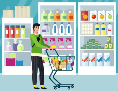 Süpermarket, raflarında yiyecek olan bakkal. Satış, gıda mağazasında indirim. Alışveriş merkezinde market alışverişi yapıyor. İnsanlar satın alır, ürün seçer, süpermarket vektör illüstrasyonundan ürünler alırlar.
