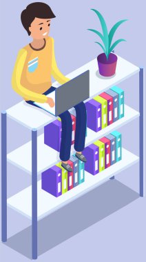 Kütüphane vektör kitaplığında kitap alan öğrenci. Erkek öğrenci okulunda, üniversitede ya da üniversitede okuyor. Kitapçıdaki adam kitaplığın yanında duruyor ve kitapların yığınları beyaza izole edilmiş.