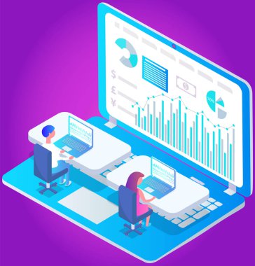 Ofiste iletişim kuran iş adamları istatistikleri tartışıyor, farklı grafik ve grafikleri analiz ediyorlar. Finansal muhasebe konsepti. Organizasyon süreci, analitik, planlama, rapor, pazar analizi