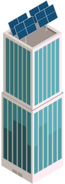 Çatıda güneş paneli olan iş merkezi. Gelecekçi inşaat modern tarzda. Yenilenebilir enerji kaynaklı gayrimenkul iş yapısı. Şehir merkezindeki ofis cepheleri, şehir mimarisi.