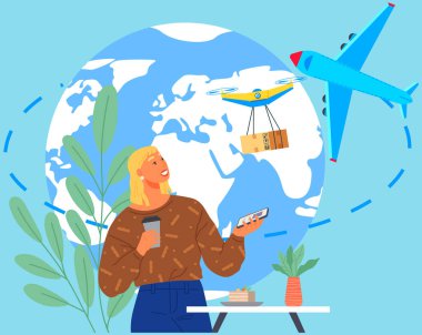 İnternetten sipariş veren ve teslimat yapan bir kadın. Drone teslimat servisi, paket sevkiyatındaki teknoloji, dünya çapında ulaşım. Bayan akıllı telefon uygulaması olan ürünler sipariş ediyor.