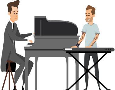 Konser kostümü içindeki piyanist karakter sahnedeki senfonik orkestra ya da opera performansı için kuyruklu piyanoda beste yapıyor. Müzik grubunun yetenekli sanatçısı klavye enstrümanı çalıyor