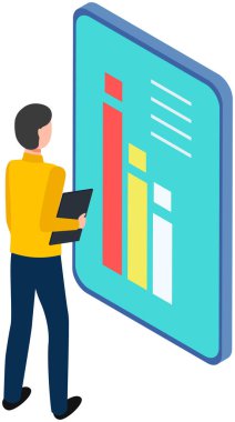 Analitik bilgi ve geliştirme istatistikleri. Web analiz ölçümü, ürün test teknolojisi. Adam gösterge panelinin optimizasyonunu, dijital raporunu analiz ediyor. Diyagramda istatistiksel göstergeler ve veriler