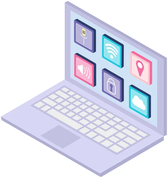 Otwarty Laptop Ikonami Aplikacji Koncepcja Komunikacji Interakcji Urządzeniem Technicznym Przyciskami — Wektor stockowy