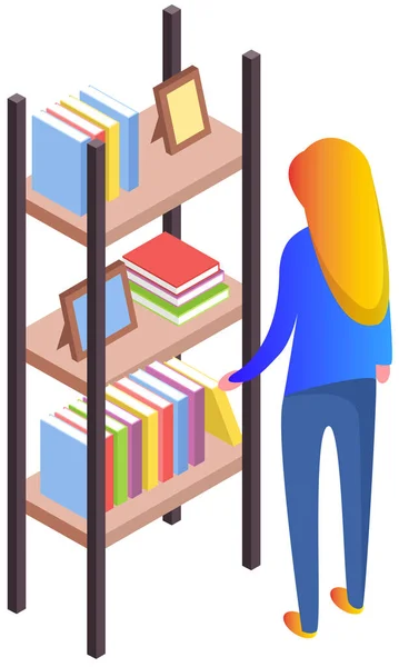 Mujer Toma Puestos Libros Cerca Estante Con Pila Literatura Lector — Vector de stock