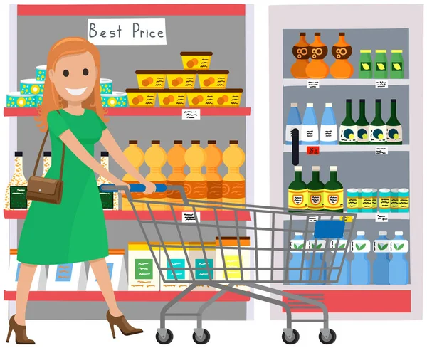 Supermarket Grocery Store Food Shelves Sale Discounts Food Store Shop — Stock Vector