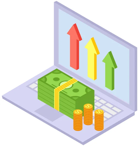 用箭头表示投资回报率概念的财务绩效 收入薪金率增加 企业利润增长利差收入 经济成功 电脑上成堆的硬币和钞票 — 图库矢量图片