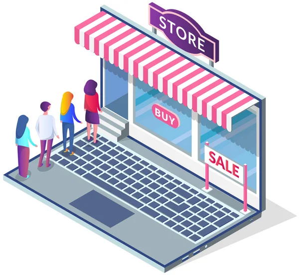 Online Vásárlás Weboldallal Emberek Sorban Állnak Boltban Ügyfél Laptoppal Vásárol — Stock Vector
