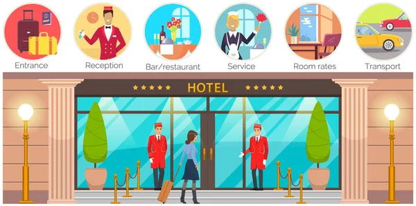 Lidé Cestují Ubytovávají Hotelu Zavazadly Veselá Dovolená Rekreační Koncept Turista — Stockový vektor