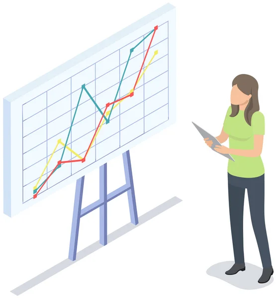 分析と開発の統計 Web分析測定 製品テスト技術 女性はデジタルレポートを分析する 統計指標と図上のデータ グラフィック情報の可視化 — ストックベクタ