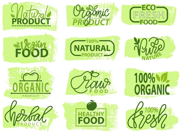 一套图标 包装标签 天然草本植物原生成分产品标识 圆形邮票夹艺术 生态友好 有机标志的载体图解 食品标识的设计 — 图库矢量图片