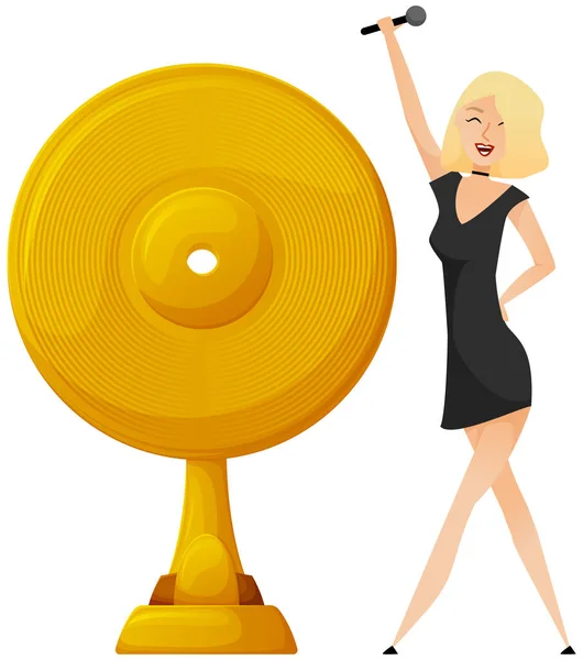 年轻美丽的姑娘对着话筒唱歌 站在旁边颁发金唱片 音乐奖获得者 歌迷或专业活动舞台表演 歌手为音乐演唱歌曲 卡拉Ok派对 — 图库矢量图片