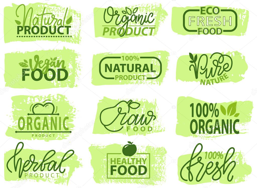 Set of icons, package labels. Natural herbal origination ingredients products signs, round stamp clip art, Stickers, nature, eco-friendly, organic emblems vector illustration. Design for food logos