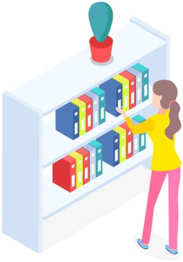 Woman secretary near case with documents. Vector business woman or student takes out folder with documents. Office worker take archive files. Young employee standing near office stand with folders