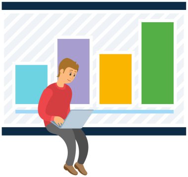 Analitik bilgi ve geliştirme istatistikleri. Web analiz ölçümü, ürün test teknolojisi. Adam gösterge panelinin optimizasyonunu, dijital raporunu analiz ediyor. Diyagramda istatistiksel göstergeler ve veriler