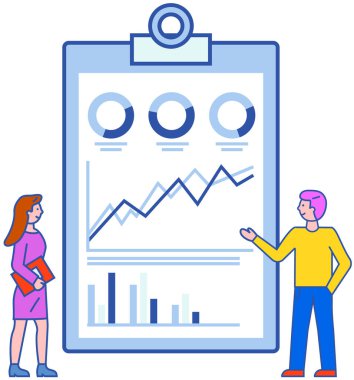 Ofiste iletişim kuran iş adamları istatistikleri tartışıyor, farklı grafik ve grafikleri analiz ediyorlar. Finansal muhasebe konsepti. Organizasyon süreci, analitik, planlama, rapor, pazar analizi