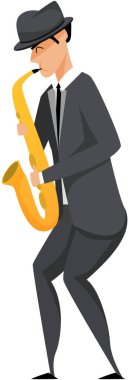 Jazz musician saxophone player with sax stands on white background. Vector man in suit playing musical instrument. Saxophonist playing on blowing musical instrument jazzman, brass orchestra concert