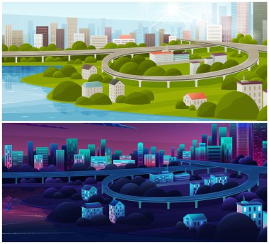 Ağaçlarla çevrili evler ve binalarla dolu bir şehir. Mimariyle birlikte gece gündüz şehir manzarası seti. Geceleri evleri olan şehir sokakları. Şehir merkezinde yeşil binalar var.