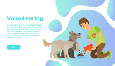 İnternette gönüllü olmak, evsiz hayvanlara yardım etmek, yardım. Bağış web sitesi iniş sayfası tamplakası. Yemek veren, başıboş köpekleri besleyen, evsiz hayvanları besleyen bir adam. Köpek barınağı konseptinde köpek yavrularına destek