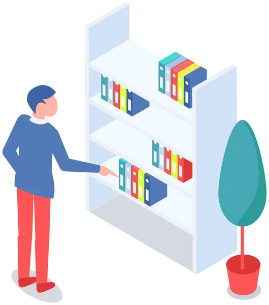 Student Taking Book Library Vector Icon Bookcase Male Person Study — Stock Vector