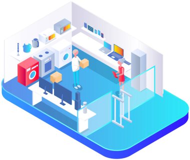 Alışveriş merkezinde ev aletleri ve ev aletleri mağazası, çamaşır makinesi, ev kullanımı için buzdolabı, mikrodalga fırın ve mutfak odası için su ısıtıcısı. Elektronik perakende, yeni cihaz modellerinin sergilenmesi