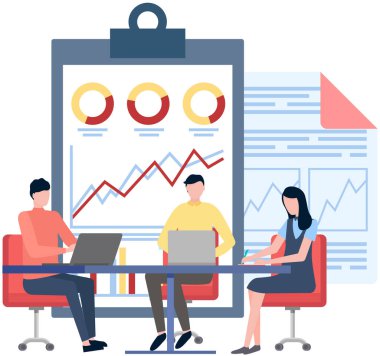 Ofiste iletişim kuran iş adamları istatistikleri tartışıyor, farklı grafik ve grafikleri analiz ediyorlar. Finansal muhasebe konsepti. Organizasyon süreci, analitik, planlama, rapor, pazar analizi