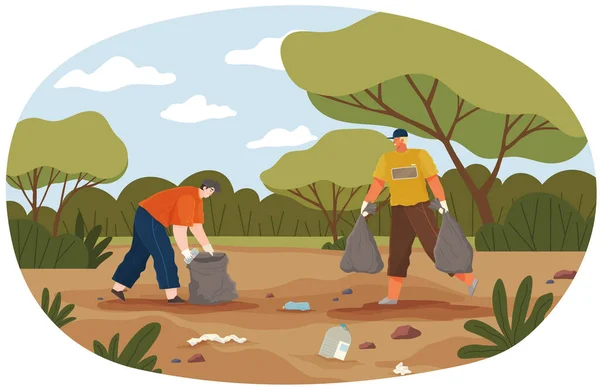 Vrijwilligers Ruimen Afval Het Bos Mensen Verzamelen Afval Het Park — Stockvector