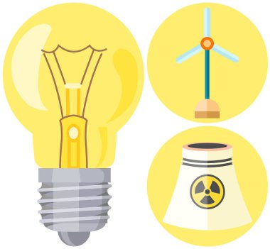 Biyolojik enerji üretmek için alternatif enerji kaynakları. Çevre dostu elektrik üretimi. Rüzgar türbini ve nükleer santral ikonlarının yanında parlayan ampul. Işık ve elektrik konsepti sağlanıyor