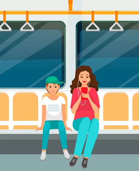 Emberek Metróban Metro Vektor Illusztráció Fiú Vasúti Kocsiban Ülésekkel Korlátokkal — Stock Vector