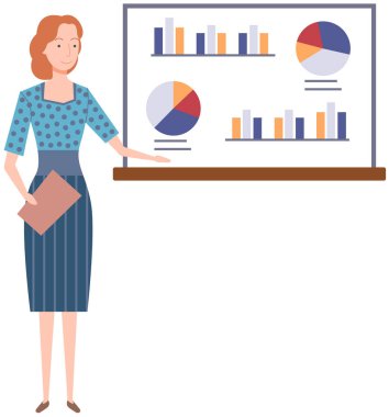 Veri analizi istatistik konsepti. İstatistik, strateji, iş geliştirme ile çalış. Bayan çalışan istatistiksel araştırmaların sonuçlarını sunar. Dijital teknolojilerle çalış
