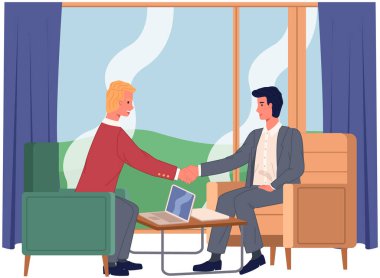 İş ortaklığı başlıyor. İş adamları sözleşme imzaladıktan sonra el sıkışıyor. Ofisteki ortakların iş toplantısı. Erkek meslektaşlar iş görüşmeleri ve anlaşmaları tartışıyor