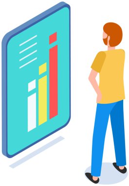 Analitik bilgi ve geliştirme istatistikleri. Web analiz ölçümü, ürün test teknolojisi. Adam gösterge panelinin optimizasyonunu, dijital raporunu analiz ediyor. Diyagramda istatistiksel göstergeler ve veriler