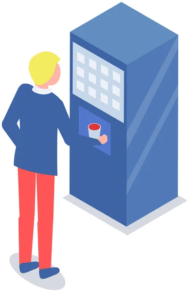 Young Man Buying Coffee Automatic Vending Machine Guy Using Public — Stock Vector