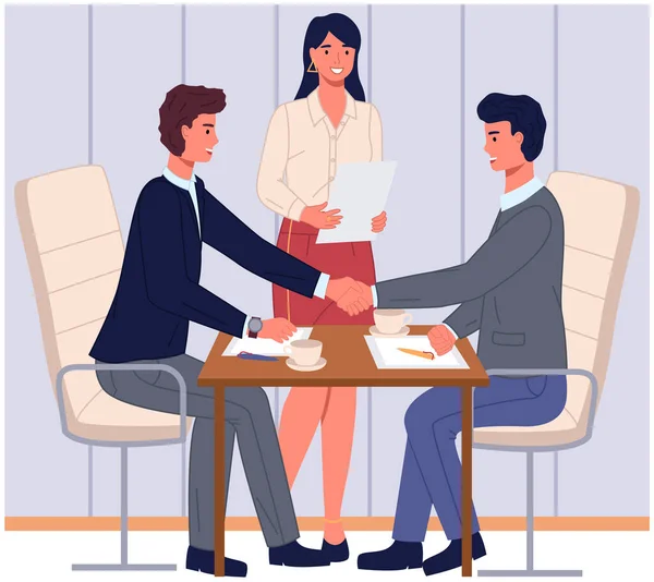 ビジネスパートナーシップの開始 契約締結後握手をするビジネスマン オフィスでのパートナーのビジネスミーティング 仕事と契約の締結について話し合う男性同僚 — ストックベクタ