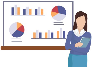 Veri analizi istatistik konsepti. İstatistik, strateji, iş geliştirme ile çalış. Bayan çalışan istatistiksel araştırmaların sonuçlarını sunar. Dijital teknolojilerle çalış