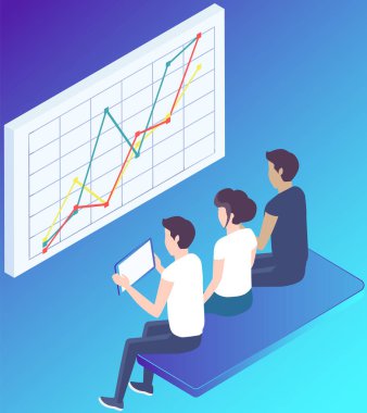 Ofiste iletişim kuran iş adamları istatistikleri tartışıyor, farklı grafik ve grafikleri analiz ediyorlar. Finansal muhasebe konsepti. Organizasyon süreci, analitik, planlama, rapor, pazar analizi