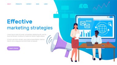Etkili pazarlama stratejileri web sitesi şablonu. Web teknolojisinin optimizasyonu, sosyal ağ. İçerik ve promosyon araştırması yapan işçiler. Takım müşterileri cezbetmek için çalışır.