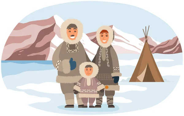 Arktik Vektör Ilüstrasyonunda Yaşayan Sıcak Giysili Bir Aile Dağ Manzaralı — Stok Vektör