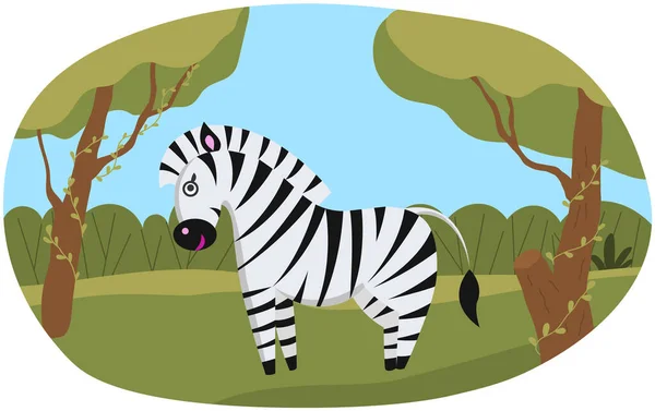 Akasya Ağaçları Yeşil Otlarla Kaplı Şirin Bir Zebra Komik Atlı — Stok Vektör
