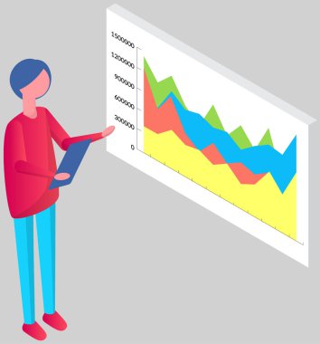 Analitik bilgi ve geliştirme istatistikleri. Web analiz ölçümü, ürün test teknolojisi. Adam gösterge panelinin optimizasyonunu, dijital raporunu analiz ediyor. Diyagramda istatistiksel göstergeler ve veriler