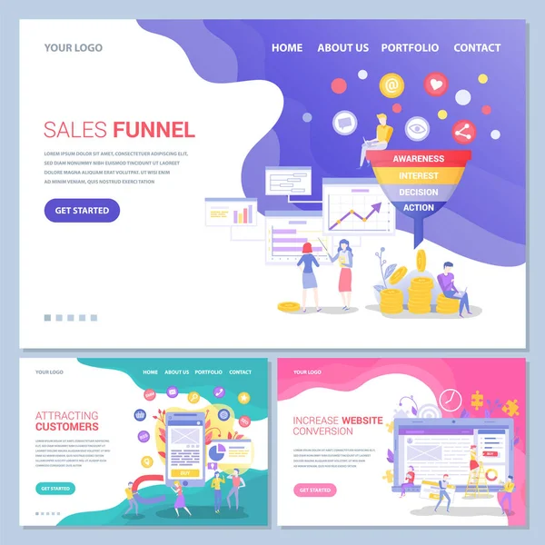 Set Webpage Design Templates Customer Relationship Increase Conversion Sales Funnel — Image vectorielle